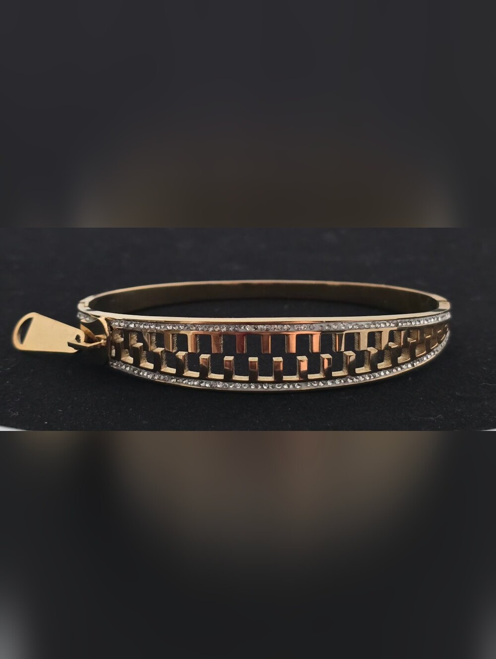 Gold-Plated Bangle Bracelet Zipper Design with Crystal Accents